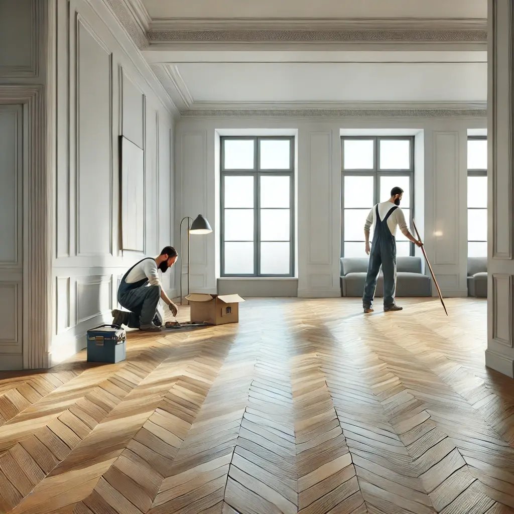 DALL·E 2024-09-26 21.00.16 - A detailed image showing a newly finished and polished herringbone parquet floor in a modern apartment with two renovation workers. The workers are do DALL·E 2024-09-26 21.00.16 - A detailed image showing a newly finished and polished herringbone parquet floor in a modern apartment with two renovation workers. The workers are do