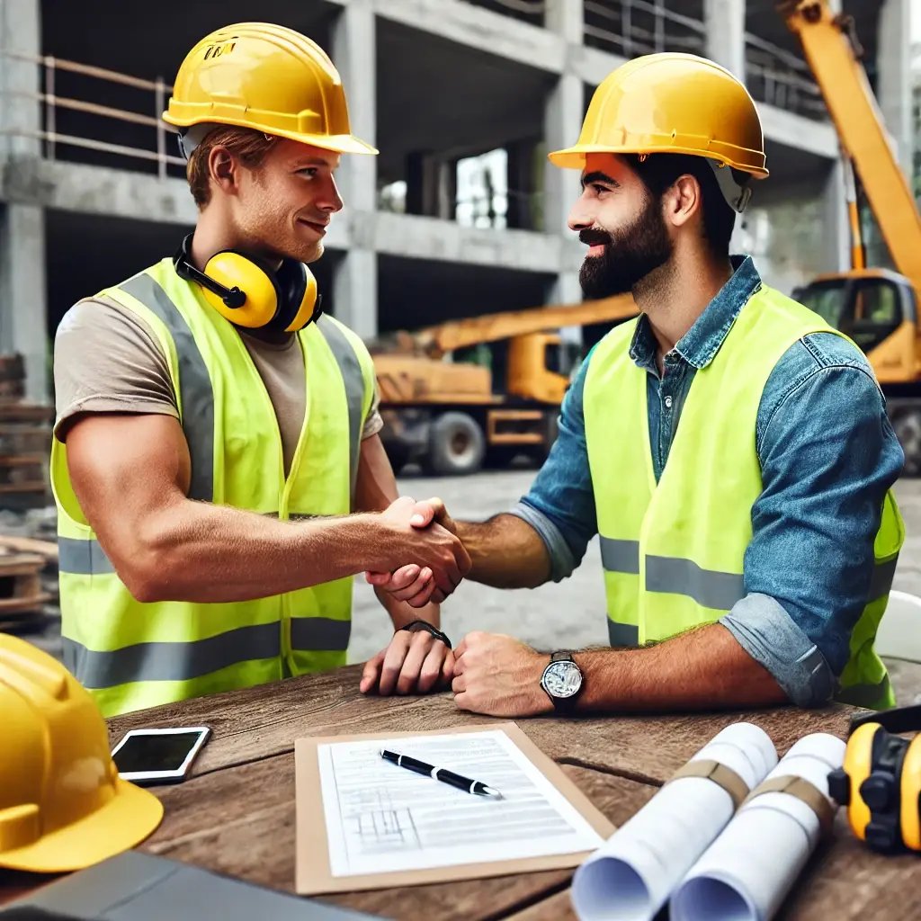 DALL·E 2024-09-26 21.09.56 - An image showing two men wearing yellow safety vests shaking hands at a construction site. They are both contractors discussing a subcontracting agree DALL·E 2024-09-26 21.09.56 - An image showing two men wearing yellow safety vests shaking hands at a construction site. They are both contractors discussing a subcontracting agree